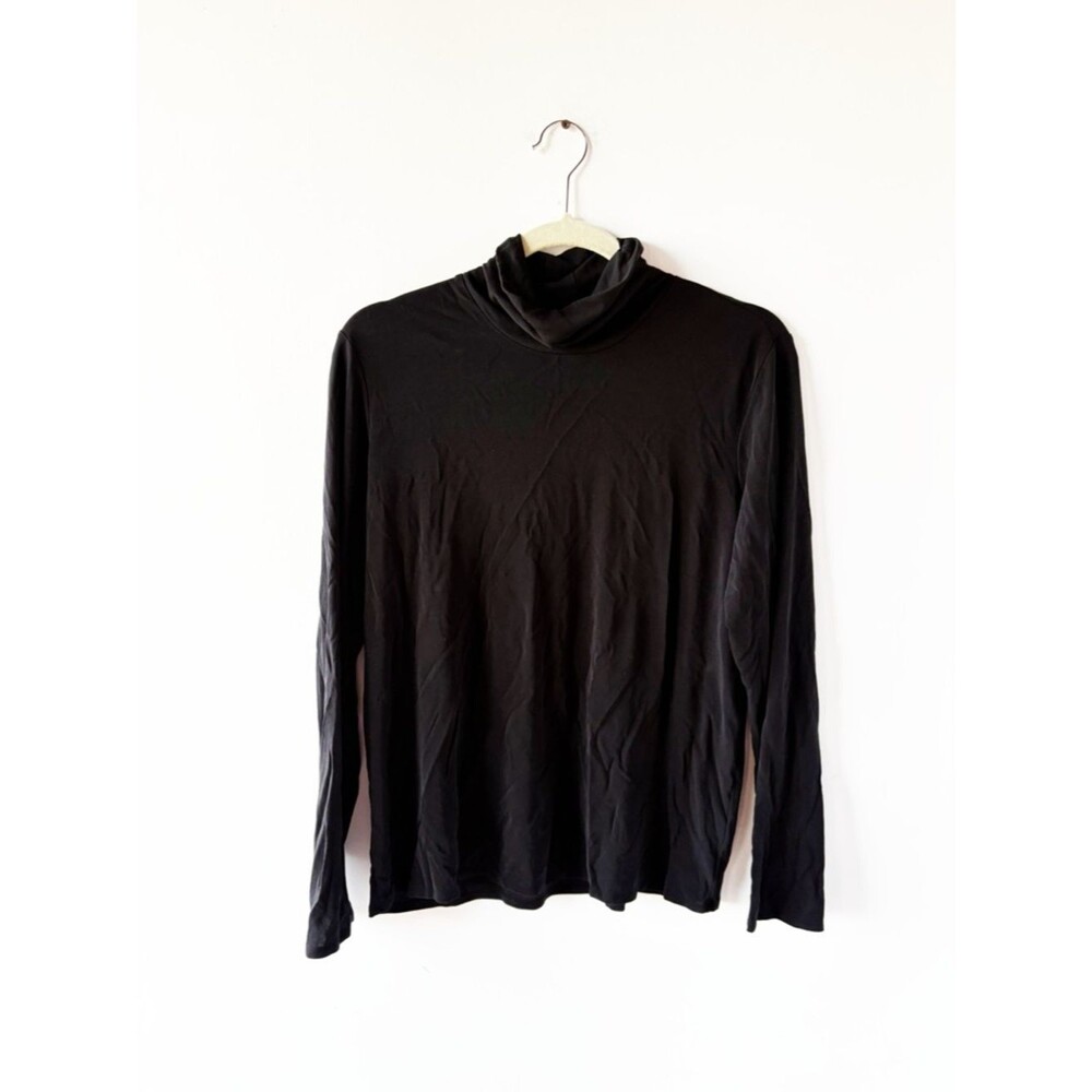 Eileen Fisher 100% Silk Jersey Black Turtleneck Top Long Sleeve Knit Tee L